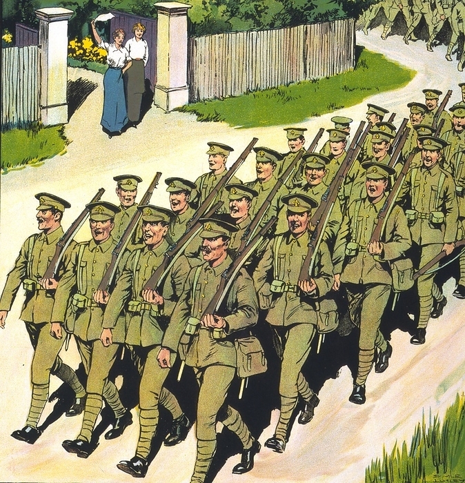 (Detail from a ) Poster showing a battalion marching down a lane, as two women standing by a gate watch and wave. This was a propaganda poster in England during the First World War. dated 1915-16