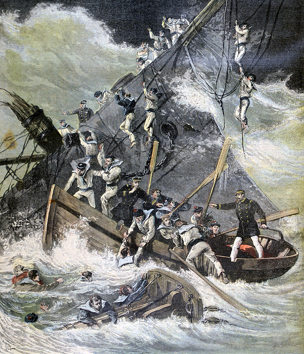 Wreck of the 'Labourdonnais' off Madagascar in a cyclone.  23 of the 116 on board were lost. From 'Le Petit Journal', Paris, 125 March 1893. Weather, Storm, Shipwreck, Sea, Wave, Lifeboat, Rescue