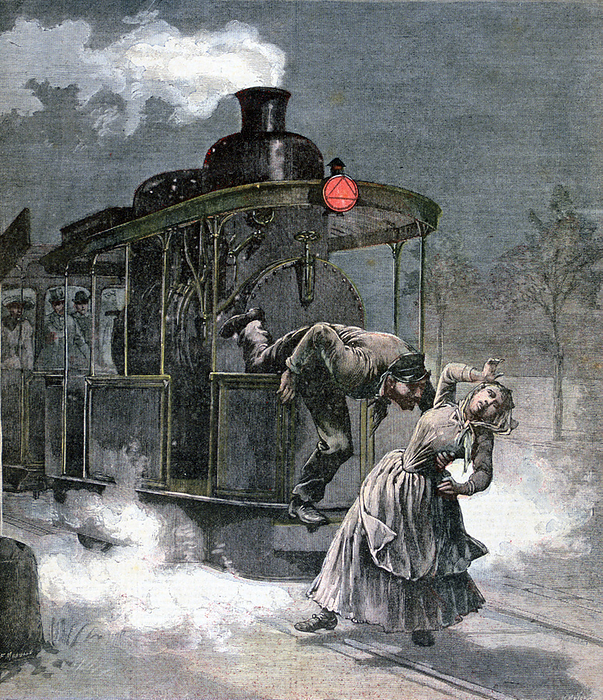Tragic accident at Marly-le-Roi on the Paris-Saint-Germain railway, France.  The engine driver trying to save a woman walking on the line.  Both were killed.  From 'Le Petit Journal', Paris, 14 November 1891.