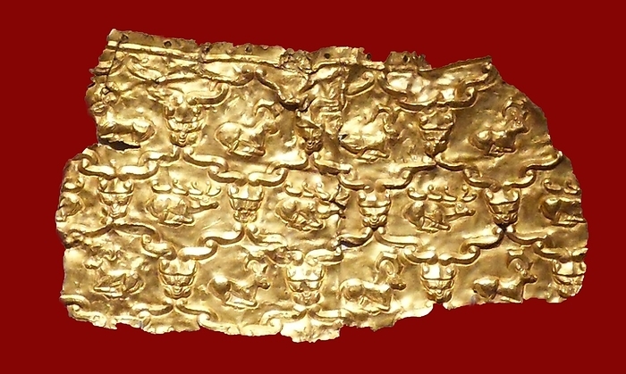 Fragment of gold beltIron Age, 8th-7th century BC.Perhaps from Ziwiyeh, north-west Iran. Ibexes, stags and heads of lions appear on this fragment of gold sheet is said to come from Ziwiyeh in north-west Iran. This site is a large mountain top citadel fortified by a massive wall. The citadel is approached by a monumental staircase cut out of the rock which winds around the mountain.