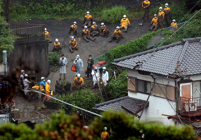Record rainfall in Kanto and Tokai, landslide in Atami July 4, 2021, Atami, Japan   Rescue workers, police officers and Self Defense Force personnels search missing people at mudslide site in Atami city in Shizuoka prefecture, 100km west of Tokyo on Sunday, July 4, 2021. Mudslide smashed over 100 houses on July 3 and killed 2 persons with 20 missing at a spa resort city Atami.    Photo by Yoshio Tsunoda AFLO  