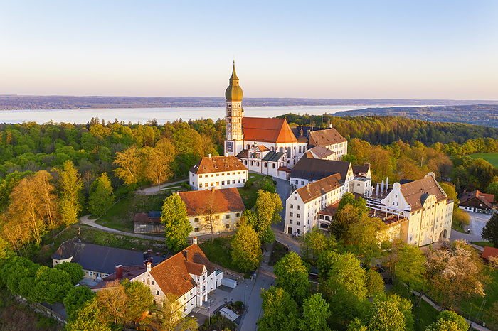 Germany Germany, Bavaria, Andechs, Drone view of Andechs Abbey and surrounding buildings at dusk