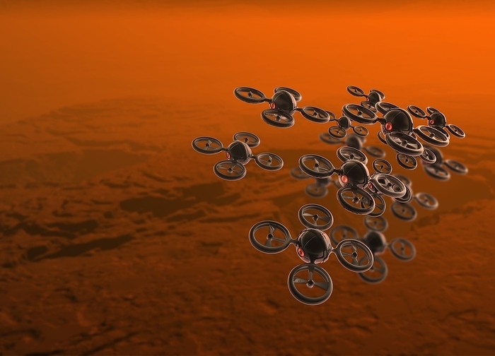 Drones above Mars, illustration Small drones flying above planet Mars, illustration., Photo by VICTOR HABBICK VISIONS SCIENCE PHOTO LIBRARY