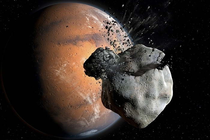 Mars Moon Impact Astronomers at the University of Zurich believe that Mars  two present satellites, Phobos and Deimos, are the product of an impact early in Mars  history. By tracing their orbits back in time, they estimate that they originated from a single point. This, the scientists say, is evidence that Mars initially had a single, larger moon, which was split in two following a collision with another object., Photo by MARK GARLICK SCIENCE PHOTO LIBRARY