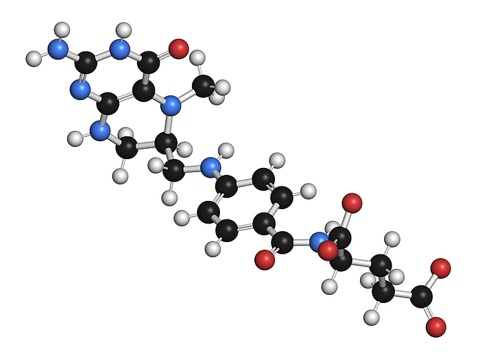 Levomefolic acid molecule, illustration Levomefolic acid or 5 methyltetrahydrofolate molecule, illustration. Atoms are represented as spheres with conventional colour coding: hydrogen  white , carbon  black , oxygen  red , nitrogen  blue ., Photo by MOLEKUUL SCIENCE PHOTO LIBRARY