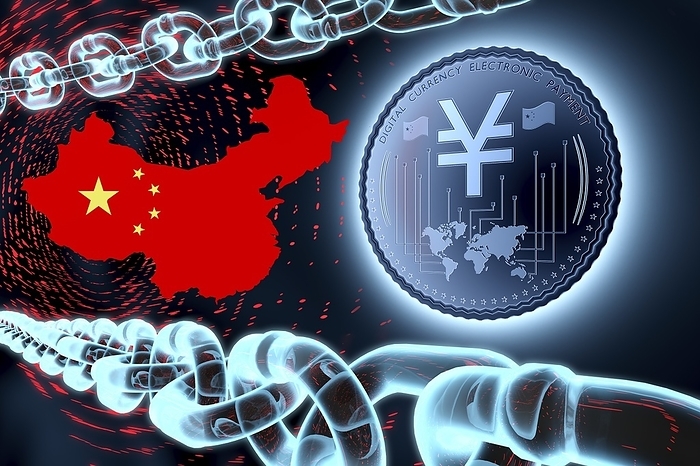 Yuan DCEP digital currency, conceptual illustration Yuan DCEP digital currency, conceptual illustration. China has been developing its own digital currency since may 2020, the DCEP  digital currency electronic payment , or e yuan. The e yuan is built with blockchain and cryptographic technology but is not a cryptocurrency in the strictest sense because it is issued by the Chinese state bank. China also intends to make the DCEP a currency for international use and independent of the global financial system with the aim that the official Chinese currency the renminbi  rmb  becomes a global currency like the US dollar., Photo by PATRICK LANDMANN SCIENCE PHOTO LIBRARY