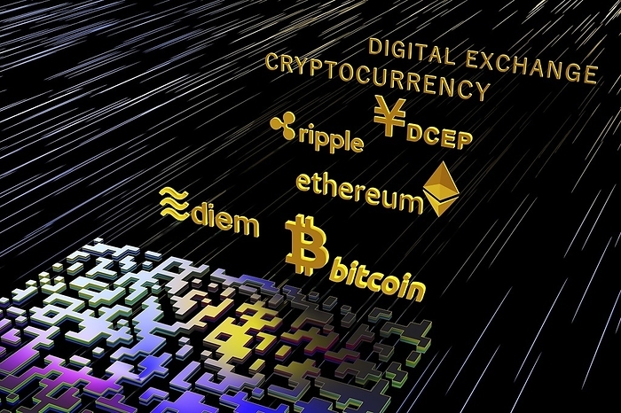 Cryptocurrencies, conceptual illustration Cryptocurrencies, conceptual illustration. Mining a cryptocurrency consists of providing a service to the network of that currency in exchange for a monetary reward. In the simplest case, the service rendered consists of checking the validity of a set of transactions. Each time a set of transactions is validated, it constitutes a block. If that block meets certain criteria specific to the cryptocurrency blockchain, then it is added to the top of the chain and the  miner  who made up that block is rewarded for its work., Photo by PATRICK LANDMANN SCIENCE PHOTO LIBRARY