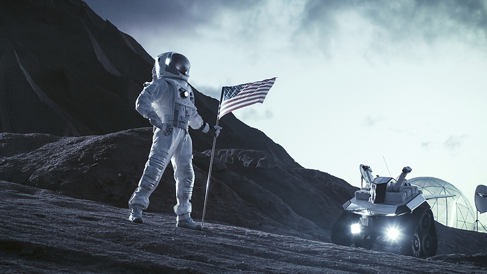Astronaut planting US flag on an alien planet Astronaut planting US flag on an alien planet., Photo by GORODENKOFF PRODUCTIONS SCIENCE PHOTO LIBRARY