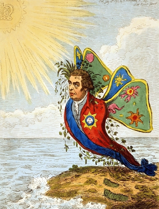 The great South Sea caterpillar, transform's into a Bath butterfly by James Gillray 1756-1815. 1795 July 4th. Cartoon shows the metamorphosis of Sir Joseph Banks from a caterpillar to a butterfly upon his investiture with the Order of the Bath as a result of his South Sea expedition. Draped with the ribbon, and wearing the jewel, of Bath, he rises, chrysalis shaped, from the mudflats on butterfly wings emblazoned with sea creatures towards a radiant sun enclosing a crown.