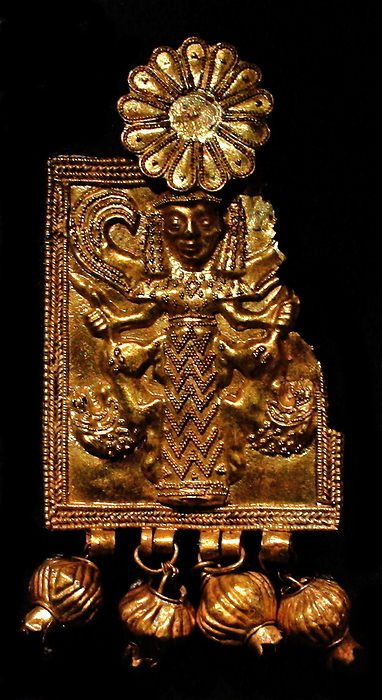 Gold plaque, found in Camirus, Rhodes sixth century BC, a winged goddess (the Mistress of the beasts).  Note the fine granulation and gold wire.