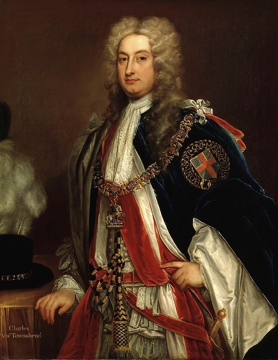 Charles Townshend, 2nd Viscount Townshend Bt, KG, PC (18 April 1674 ? 21 June 1738) British Whig statesman. He served for a decade as Secretary of State, directing British foreign policy. He was often known as Turnip Townshend because of his strong interest in farming. Unknown after Sir Godfrey Kneller (1646-1723)