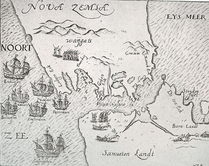 Map of New Zembla from a Journal of 1595.  It shows 7 ships on an expedition from Amsterdam.  They are passing the Strait of Nassau.  Also shown are landing parties with explorers and hunters. Nova Zembla Island ('New Land') is an uninhabited island in the Qikiqtaaluk Region of Nunavut, Canada. It is located in Baffin Bay off the north-eastern coast of Baffin Island.