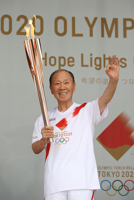 2020 Tokyo Olympics Torch Relay July 9, 2021, Tokyo, Japan   Japanese legendary gymnast Takashi Ono who won 13 medals including 5 golds and 1964 Tokyo Olympics Japanese delegation captain holds the torch at the Olympic torch relay event in Tokyo on Friday, July 9, 2021. Tokyo 2020 Olympics torch relay started in Tokyo on July 9, two weeks before the opening of the Olympic Games.    Photo by Yoshio Tsunoda AFLO  