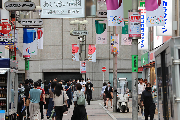 Tokyo 2020 Preview JULY 9, 2021 :  A general view of the Shibuya Center Gai street decorated with the 2020 Tokyo Olympic Games banner in Tokyo, Japan.   Photo by AFLO SPORT 