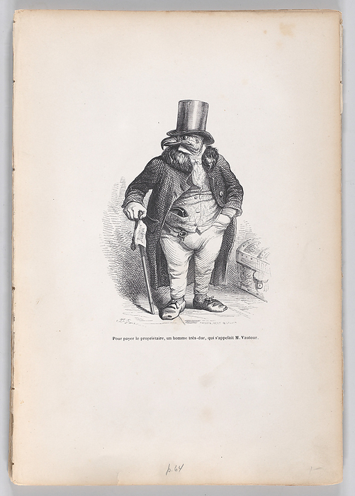 To pay the landlord, a very harsh man, whose name was M. Vautour from Scenes from t..., ca. 1837 47. Creator: Andrew Best Leloir. To pay the landlord, a very harsh man, whose name was M. Vautour from Scenes from the Private and Public Life of Animals, ca. 1837 47.