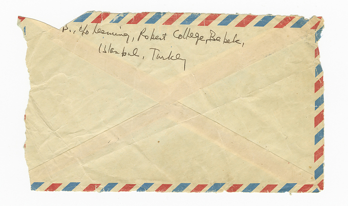 Envelope, 1987. Creator: Unknown. A torn white paper envelope with red and blue striped border. Handwritten in black ink is,  B. c o leeming, Robert College, Bebek, Istanbul, Turkey . The American Robert College of Istanbul, founded in 1863,  is the oldest continuously operating American school outside the United States.