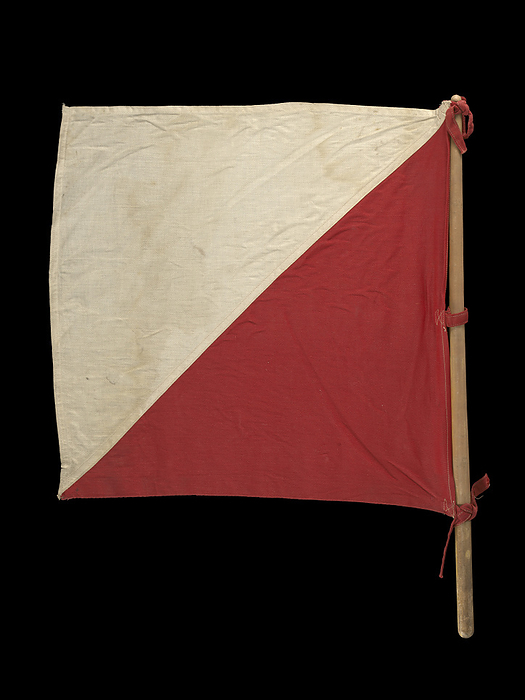 Signal flag with pole, early 20th century. Creator: Unknown. Signal flag on a wooden pole. Singal flag is red and white cut across the diagnol. The red section has three ties that attach the flag to the pole.