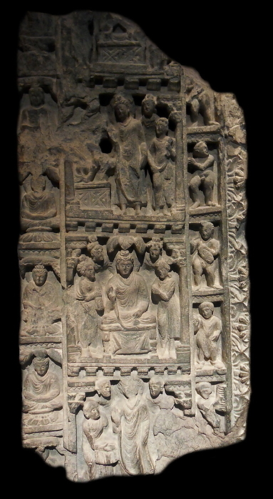 Fragment of doorframe with four historical scenes. 4th century schist sculpture found at a Buddhist monastery in Afghanistan