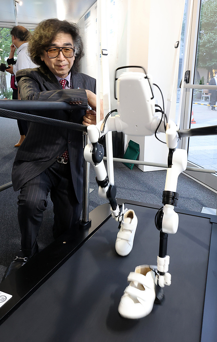 The latest science and technology exhibition  Society 5.0 Expo  is held at the Tokyo Skytree July 14, 2021, Tokyo, Japan   Japan s Tsukuba University professor and robot venture Cyberdyne president Yoshiyuki Sankai displays a demonstration of the company s robot suits HAL for children at the  Society 5.0 Expo  at a press preview in Tokyo on Wednesday, July 14, 2021. The high tech exhibition organized by cabinet office will exhibit the latest science and technologies from July 15 through 28 at Japan s tallest tower Tokyo Skytree.     Photo by Yoshio Tsunoda AFLO  