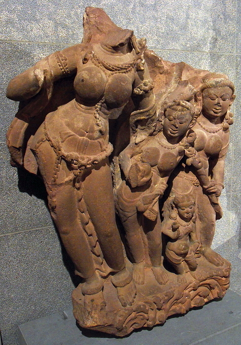River god (Yamuna?). Post-Gupta period (6th-8th century AD) sandstone sculpture from Madhya Pradesh, India.