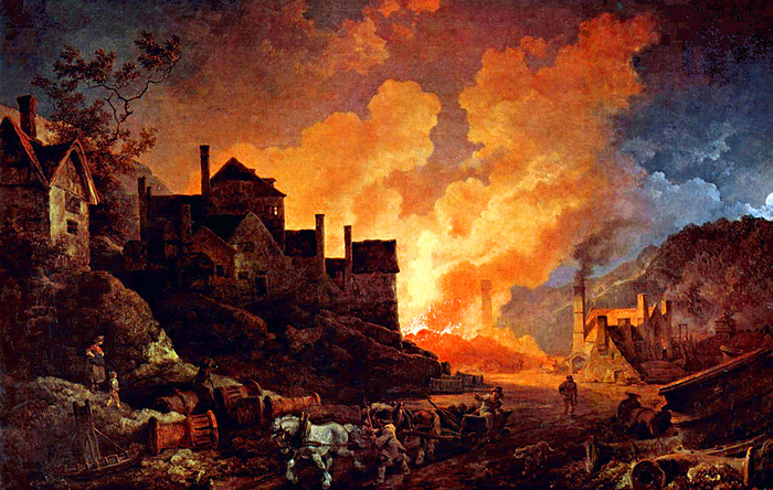 Coalbrookdale by Night, Philippe Jacques de Loutherbourg, 1801.  Coalbrookdale is a village in the Ironbridge Gorge in Shropshire, England, containing a settlement of great significance in the history of iron ore smelting.  This is were iron ore was first