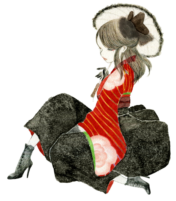 Illustration of a girl wearing a red hakama with a flower pattern. Taisho Roman, high collar