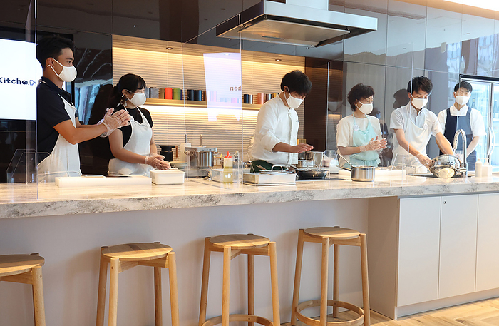 Completed  Tokiwa bashi Tower  in front of Tokyo Station July 19, 2021, Tokyo, Japan   This picture shows an open kitchen space for office workers at a dining floor of the new 38 story office building  Tokyo Torch Tokiwabashi Tower  at a press preview in Tokyo on Monday, July 19, 2021. Mitsubishi Estate has plan to build another tower in 2027 at the same complex which will become Japan s tallest building.     Photo by Yoshio Tsunoda AFLO  