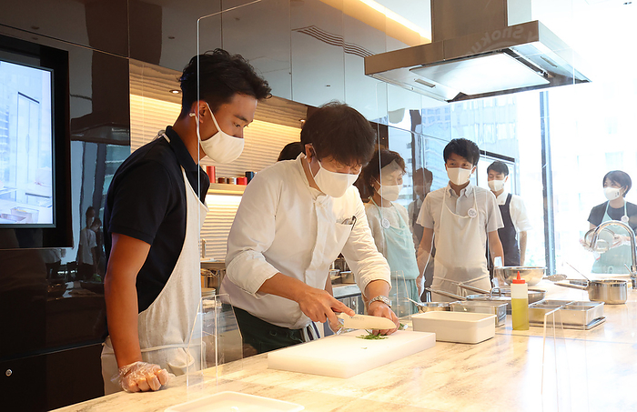 Completed  Tokiwa bashi Tower  in front of Tokyo Station July 19, 2021, Tokyo, Japan   This picture shows an open kitchen area for office workers  at a dining floor of the new 38 story office building  Tokyo Torch Tokiwabashi Tower  at a press preview in Tokyo on Monday, July 19, 2021. Mitsubishi Estate has plan to build another tower in 2027 at the same complex which will become Japan s tallest building.     Photo by Yoshio Tsunoda AFLO  
