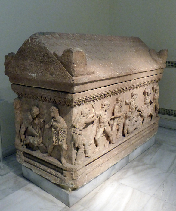 Attic sarcophagus. Pentelic marble. Found at Ayios Ioannis, Patras. The sarcophagus has saddle lid. One long and one narrow side bear a depiction of the hunt for the Calydonian boar, in which Meleager and Atlanta took part. On the other long side is a depiction of two confronted lions with a largh kantharos between them, The other narrow side has a griffin pulling down an ox. From an attic workshop AD 150-170.