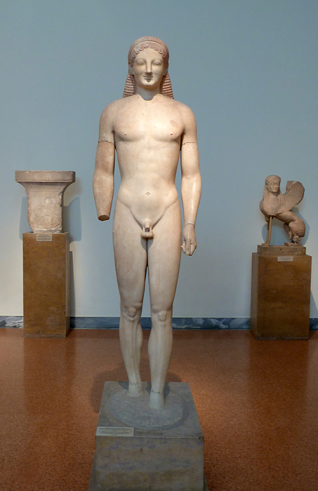 Statue of a kouros.  Parian marble, found in ancient Myrrhinous, Attica.  An important work of the Archaic period, with a lively rendering of the body.  One of the best examples of kouros, 540-530 BC