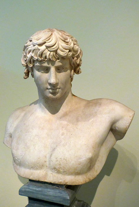 Portrait bust of Antinous. Thasian marble. Found at Patras. The youth Anthinoos of Bithyna, in Asia Minor was the favourite of the emperor Hadrian. After he drowned in the river Nile in AD 130, Hadrian had him defied and erected numerous statues, busts and portraits of him in cities and sanctuaries throughout the Roman empire AD 130-138.