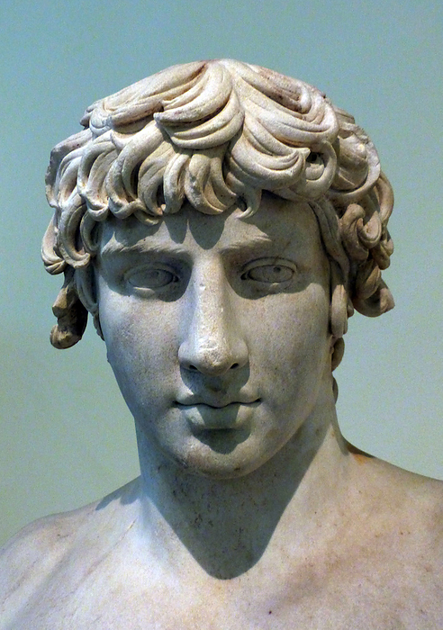Portrait bust of Antinous. Thasian marble. Found at Patras. The youth Anthinoos of Bithyna, in Asia Minor was the favourite of the emperor Hadrian. After he drowned in the river Nile in AD 130, Hadrian had him defied and erected numerous statues, busts and portraits of him in cities and sanctuaries throughout the Roman empire AD 130-138.