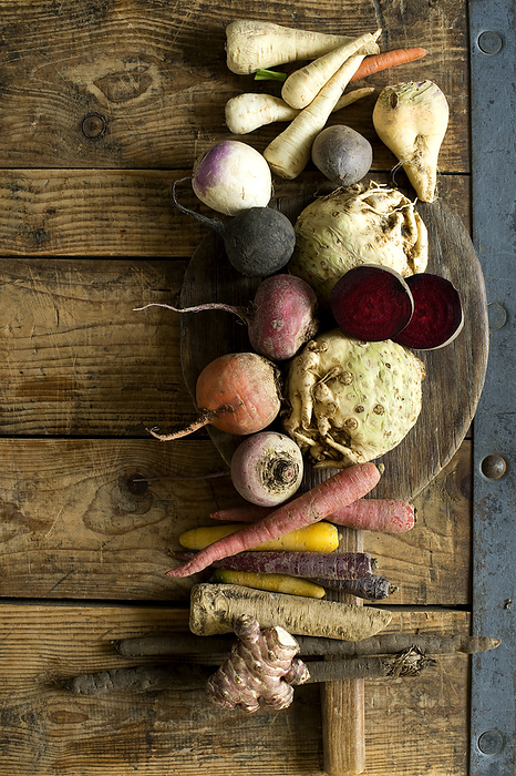 Winter vegetables on rustic wooden background