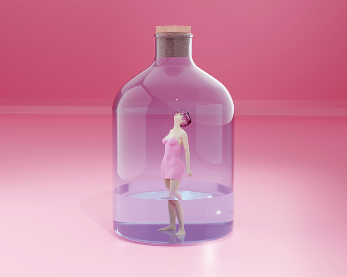 Three dimensional render of young woman trapped in large bottle