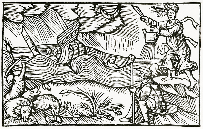 'Witch raising a storm which is wrecking a ship and drowning sailors. Woodcut from ''Historia de gentibus septentrionalibus'', Antwerp, 1562, by Olaus Magnus.'
