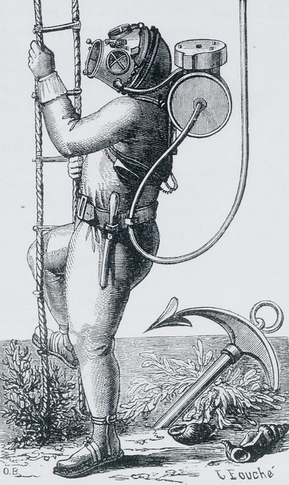 'Diver equipped with Denayrouse's reservoir/regulator helmet and diving suit.  With this suit the diver needed less clumsy equipment. Suitable for dives of up to 6 hours. Engraving, Pa;ris, c1870.'
