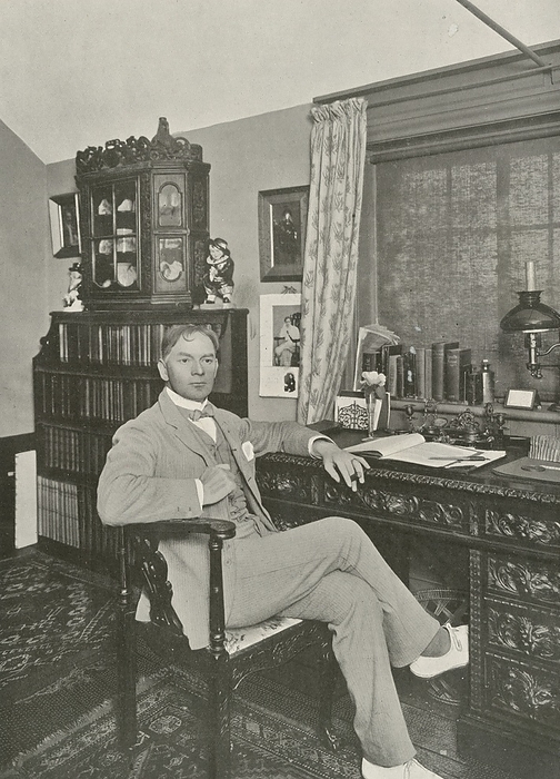 'Jerome Klapka Jerome (1859-1927) was an English write. Playwright, and humorist, best known for the humorous tale '' Three Men in a Boat''. Jerome a home at his desk at Gould's Grove, Wallingford, c1903.'