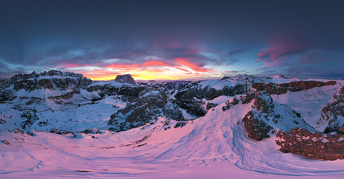 Pink sunset on the snowcapped Gran Cir, Odle, Sassolungo and Sella Group mountains in winter, Dolomites, South Tyrol, Italy Pink sunset on the snowcapped Gran Cir, Odle, Sassolungo and Sella Group mountains in winter, Dolomites, South Tyrol, Italy, Europe, Photo by Roberto Moiola
