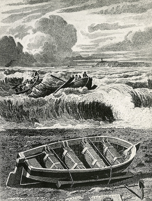 Lifeboat designed by Gabriel Bray of Charmouth, Dorset, England. Engraving 1818.