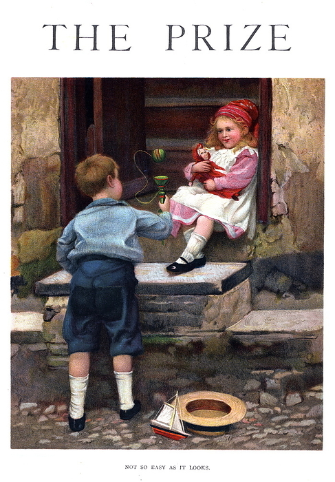 Boy and girl playing with toys. Illustration, London, 1905.
