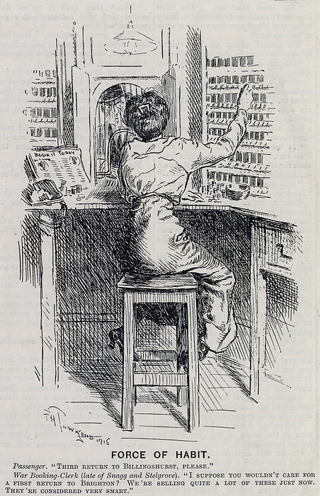 Female shop assistant doing a man's job in World War I unable to forget her commercial training. Cartoon from 'Punch', London, 1915.