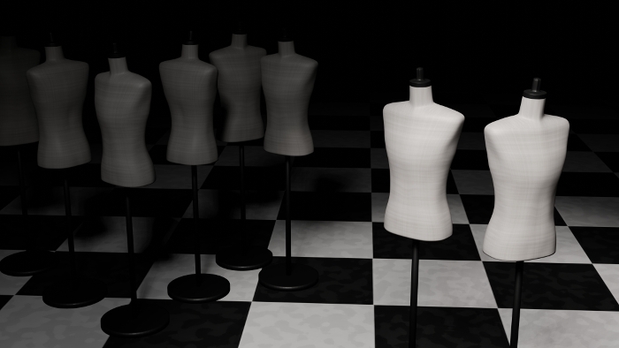 Checkered floor, darkness, male torso mannequin, group 3D illustration