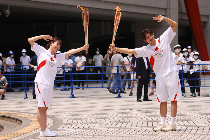 2020 Tokyo Olympics Torch Relay Arrival Ceremony in Tokyo  L to R  Natsumi Hoshi, Junya Koga,  L to R  JULY 23, 2021   Olympic : The Olympic Torch Relay Arrival Ceremony The Olympic Torch Relay Arrival Ceremony at Citizen s Plaza, outside of the Tokyo Metropolitan Government Office Buildeing, in Shinjuku, Tokyo, Japan.  Photo by YUTAKA AFLO SPORT 