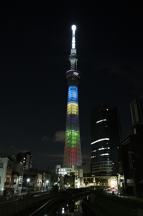 2020 Tokyo Olympics General view, JULY 23, 2021  : The Olympic mark was drawn on the Tokyo Sky Tree in Oshiage, Tokyo, Japan.  Photo by AFLO SPORT 