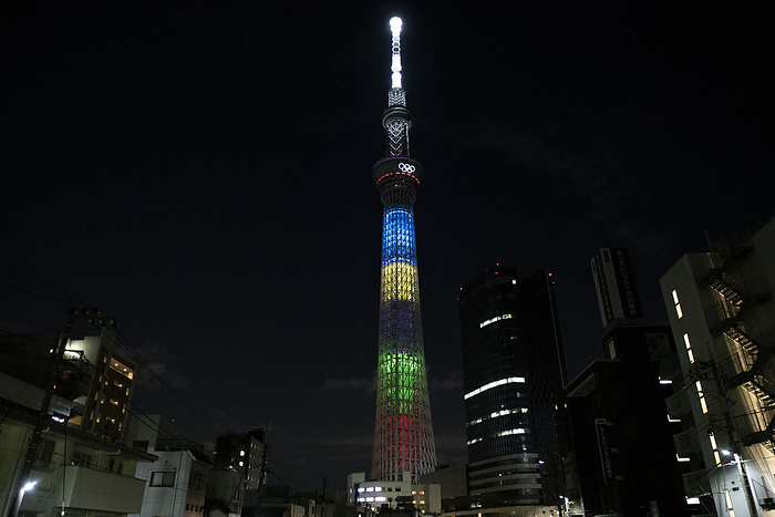 2020 Tokyo Olympics General view, JULY 23, 2021  : The Olympic mark was drawn on the Tokyo Sky Tree in Oshiage, Tokyo, Japan.  Photo by AFLO SPORT 
