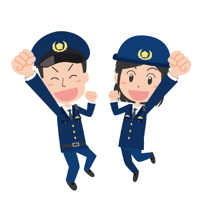 Jumping male and female police officers