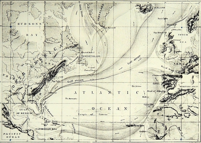 Map of the atlantic ocean showing the course of the Gulf Stream. Map of the atlantic ocean showing the course of the Gulf Stream. From Elisee Reclus  The Ocean atmosphere and life  1873