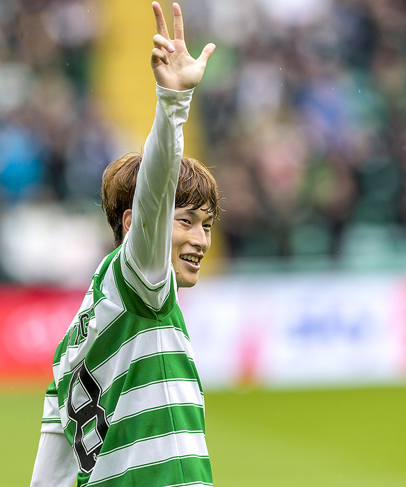 Scottish First Division 11.08.2021 Celtic v Dundee stock images, SPFL Cinch Premiership ....................  Kyogo Furuhashi salutes the crowd after his first goal