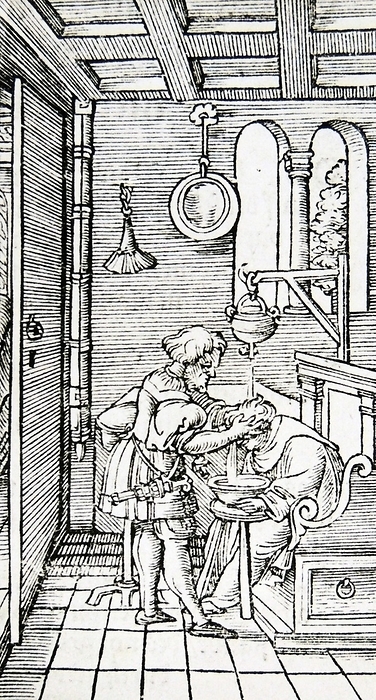 Barber shampooing a client Barber shampooing a client, rinsing  hair with water from reservoir fitted with a tap. Woodcut from   Architecture ... Mathematischen ... Kunst, ,buremberg, 1547, by Gaulterus Rivius.