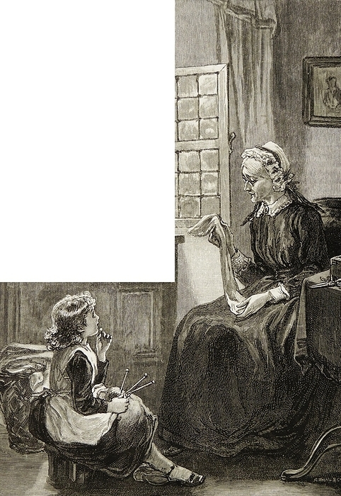 Dropped Stitches  Dropped Stitches  : Grandmother inspecting small girl s efforts at knitting. Illustration by Mary Ellen Edwards published London, 1892.